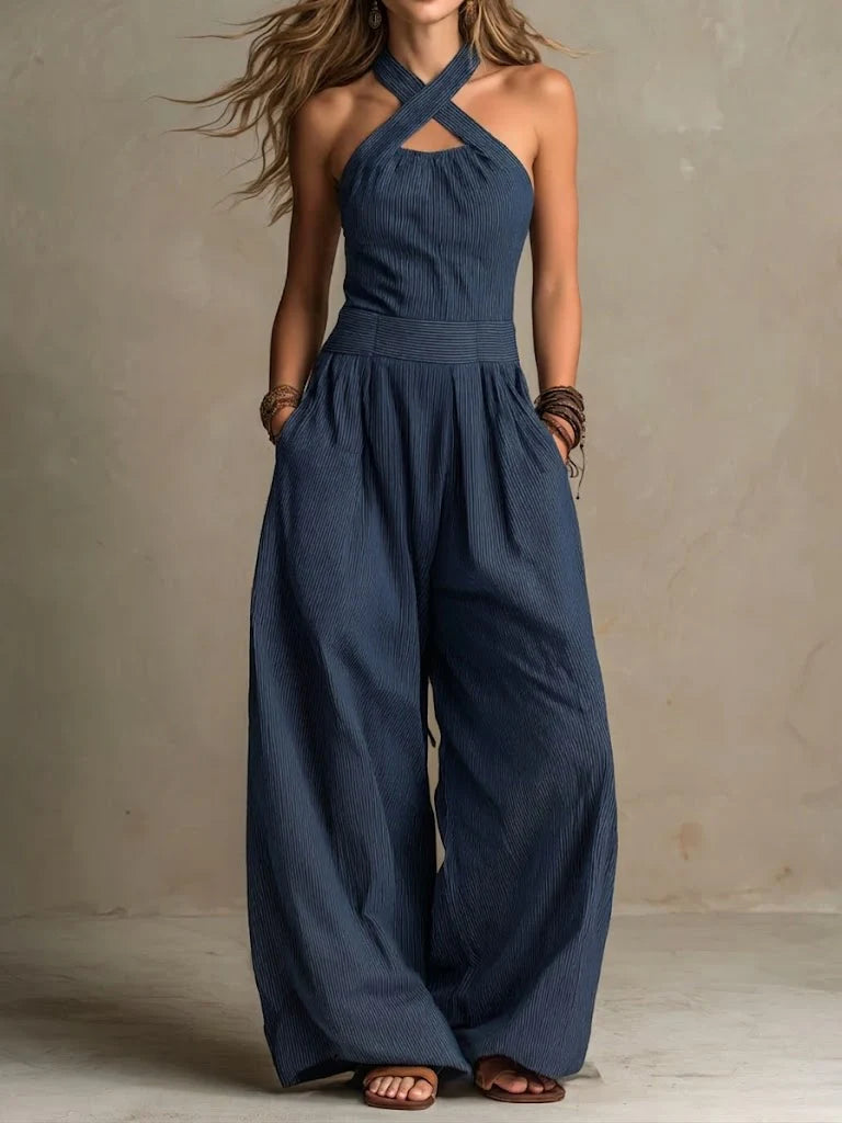 Mono femenino de algodón y lino con diseño halter de cuello cruzado